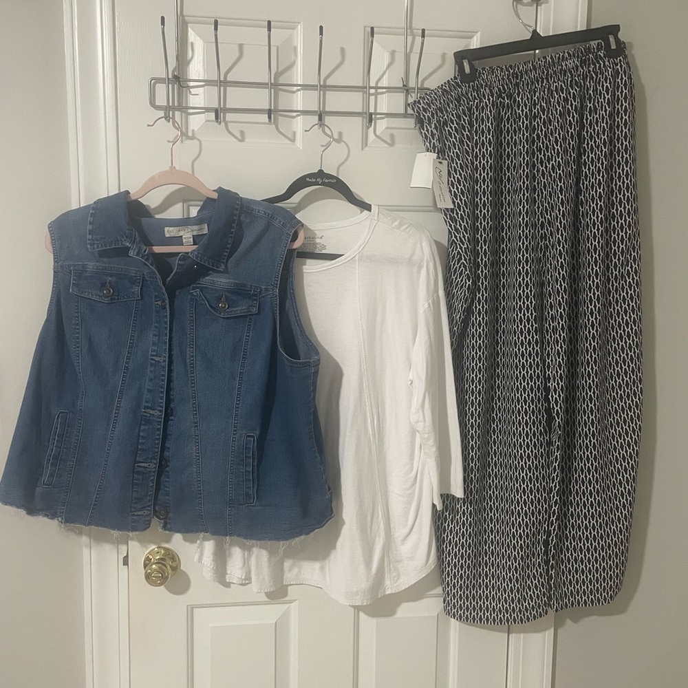 Denim Vest with White Top and Black Patterned Pants 1x outfit